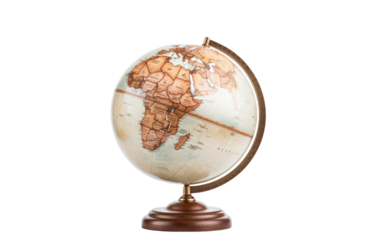 A globe is displayed on a wooden stand. on a White or Clear Surface PNG Transparent Background.