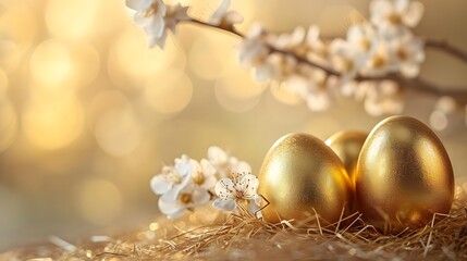 Fototapeta na wymiar Three Golden Easter Eggs on Grass Covered Field