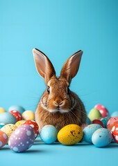 Fototapeta na wymiar Rabbit Sitting in Front of a Pile of Eggs