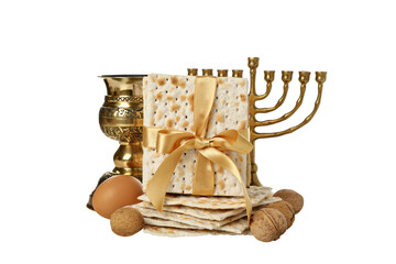 PNG, Matzo, nuts, egg, hanukkiah and bowl, isolated on white background