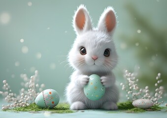 Fototapeta premium White Bunny Holding Easter Egg