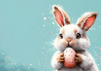Painting of White Rabbit Holding Pink Easter Egg