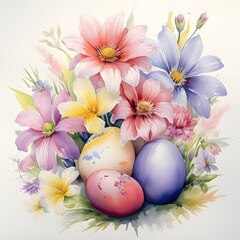 Fototapeta na wymiar Flowers and Eggs Painting on White Background