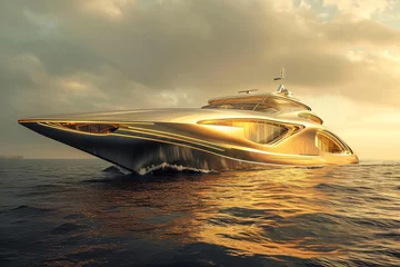 Foto op Plexiglas A futuristic luxury mega yacht with golden glass in the ocean © STOCKAI