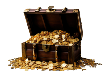A photo of a chest filled with gold coins. on a White or Clear Surface PNG Transparent Background.