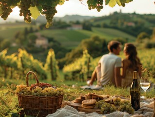 Couple Enjoying a Romantic Picnic Amidst Vineyards at Sunset