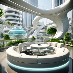 futuristic business environment space. 3D image of a large coworking office space