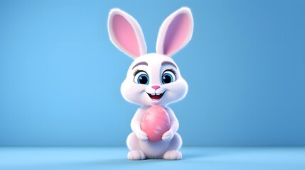 Cheerfully White Bunny Holding Pink Egg in Its Paws