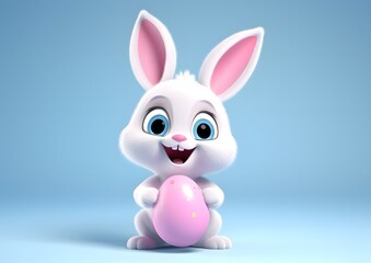 Obraz premium Cheerfully White Bunny Holding Pink Egg in Its Paws