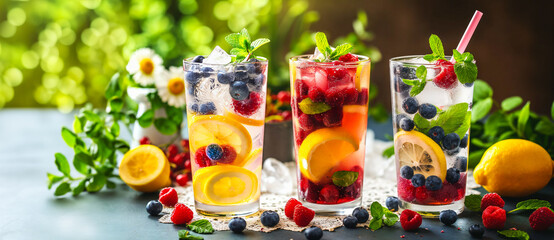 Fototapeta premium Summer berries cocktails. Assorted Healthy drinks. Refreshing Summer Fruit Infused Water Served Outdoors.