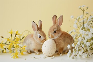 Obraz premium Rabbits Sitting Together in a Field of Flowers with Easter Eggs