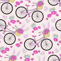 Retro pink lady bicycle with basket of flowers among Easter bunny ears and paws vector seamless pattern. Hand drawn linear happy Easter holiday spring floral background. 
