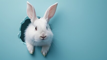 White Rabbit Peeking Through Hole in Blue Wall