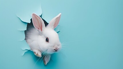 White Rabbit Poking Head Out of Blue Wall.