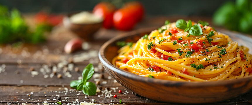 Spaghetti Stack with Tomato Chunks and Basil on Dark Background