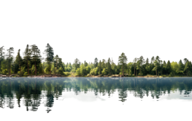 A vast expanse of water surrounded by a dense forest of trees. on a White or Clear Surface PNG Transparent Background.