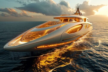 A futuristic luxury mega yacht with golden glass in the ocean - obrazy, fototapety, plakaty