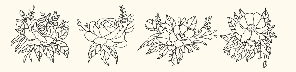 Vector hand drawn flower collection, Floral branches, and minimalist leaves for logo or tattoo. Hand drawn line wedding herb and branches nature doodles.