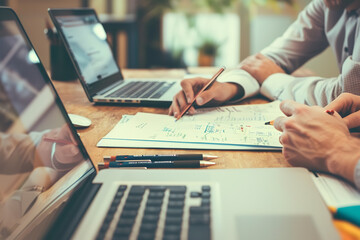 person working on laptop and documents with a pen