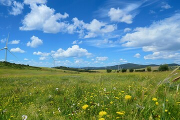 Green meadows landscape with wind generators in the distance Generative Ai