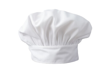 A white chefs hat is placed highlighting its pristine color and simple design. on a White or Clear Surface PNG Transparent Background.