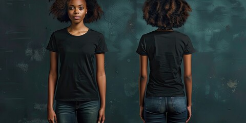 black womans tshirt mock up front and back - obrazy, fototapety, plakaty