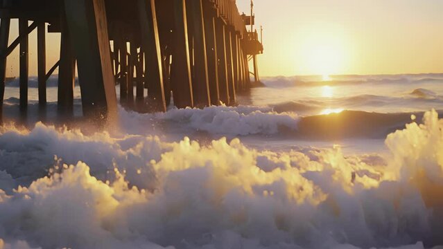 The faint sound of waves crashing against the pier amplifying the calming atmosphere of the sunset.