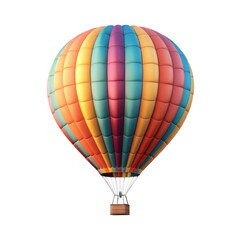 A vibrant, multicolored hot air balloon with a woven basket, floating serenely.