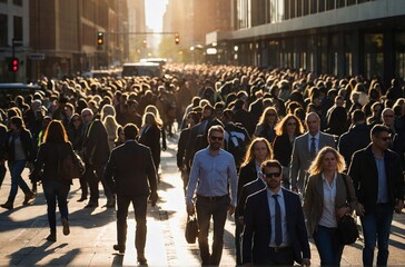 Large group of people walking outdoors on a city street, jam-packed crowded street. Pedestrian traffic concept.