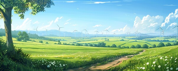 Fototapeta na wymiar Green meadows landscape with wind generators in the distance Generative Ai