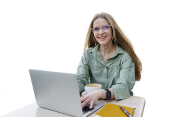 A woman at a freelance cafe is using the laptop of a positive, professional office worker. The background is clear.