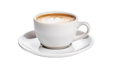 A ceramic saucer holds a steaming cup filled with freshly brewed coffee. on a White or Clear Surface PNG Transparent Background.