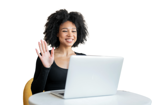 A woman is seen using a laptop computer in a café that is run by a positive and energetic office worker. The background is clear and the woman's expression is bright and cheerful. - Powered by Adobe