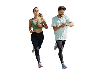 A woman and a man are running together as a fitness trainer. They are wearing sportswear and are...