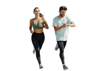 A woman and a man are running together as a fitness trainer. They are wearing sportswear and are running in a park. The background is transparent.