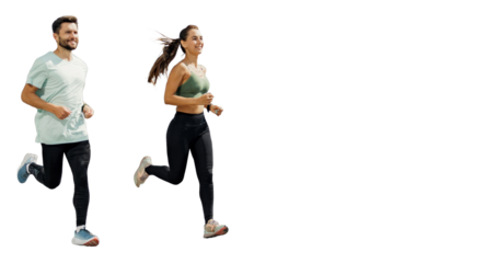 A woman running as a fitness trainer, with a workout routine on a sports field in the background.