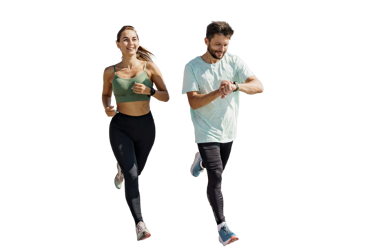 A woman and a man are running together as a fitness trainer. They are wearing sportswear and are running in a park. The background is transparent.