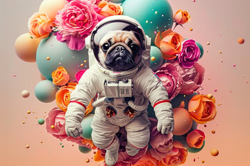 Intergalactic Explorer Pug: A Cosmic Adventure Amidst a Galaxy of Flowers in an Astronaut Suit