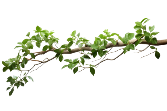A close up photo showcasing a branch of a tree covered in vibrant green leaves. on a White or Clear Surface PNG Transparent Background.
