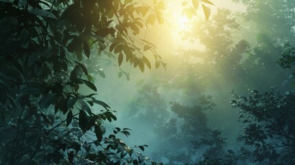 Mystic Forest Sunbeams - Ethereal sunbeams filter through a misty forest, illuminating the dew-kissed leaves and casting a dreamlike glow over the serene landscape.