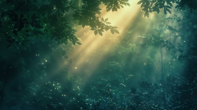 Sunlight Through Misty Forest - A hazy dawn breaks in a lush forest with rays of sunlight piercing the mist, creating a stunning interplay of light and shadow.