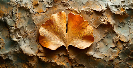 Single Ginkgo Biloba Leaf on Cracked Earth Texture - obrazy, fototapety, plakaty