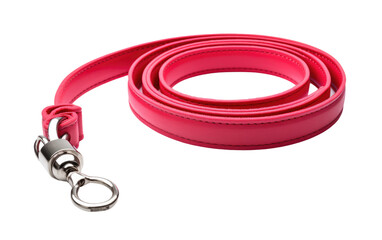 A close up photo of a pink leash with a metal hook. on a White or Clear Surface PNG Transparent Background.