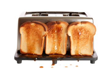 A toaster with four slices of bread placed on its slots, ready to be toasted. on a White or Clear Surface PNG Transparent Background.