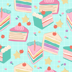 Happy birthday cake slices seamless pattern vector illustration for decorations and background
