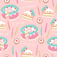 Happy birthday cake with slice seamless pattern vector illustration for decorations and background