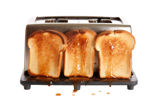 A toaster with four slices of bread placed on its slots, ready to be toasted. on a White or Clear Surface PNG Transparent Background.