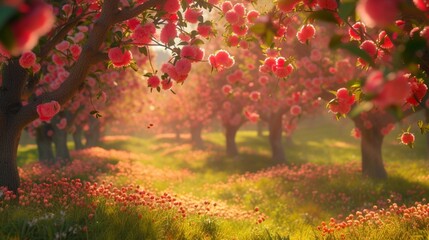 Within a sun-drenched orchard, blossoming fruit trees bear the weight of countless Easter eggs, their branches bending gracefully under the weight of their colorful bounty.