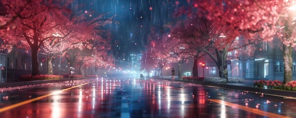 Heavenly night city in the spring with blooming trees and reflections on the road Generative Ai - obrazy, fototapety, plakaty