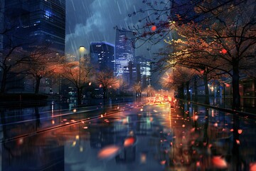 Heavenly night city in the spring with blooming trees and reflections on the road Generative Ai